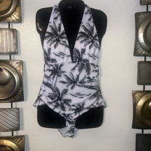Black and White Palm Print Women's One Piece Swimsuit